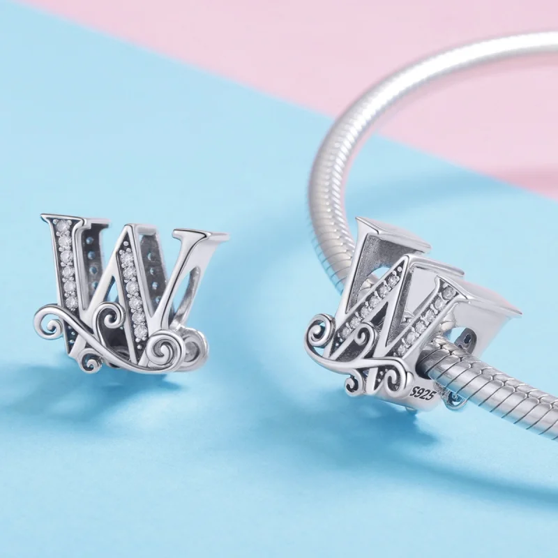 (Bild für) Funkelnder Pavé-Blumen-Buchstabe W-Charm im Pandora-Stil - BSC030-W - Ansicht 4