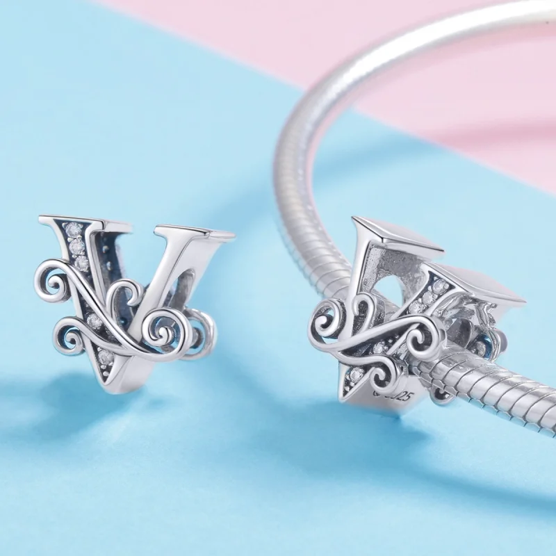 (Bild für) Funkelnder Pavé-Blumen-Charm „Buchstabe V“ im Pandora-Stil - BSC030-V - Ansicht 4