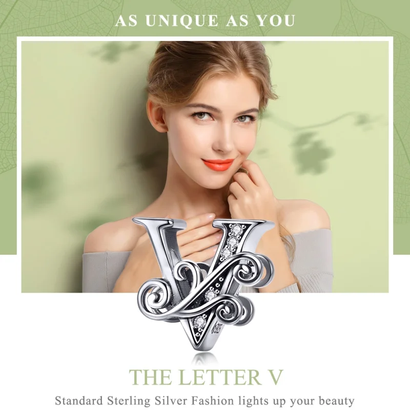 (Bild für) Funkelnder Pavé-Blumen-Charm „Buchstabe V“ im Pandora-Stil - BSC030-V - Ansicht 7