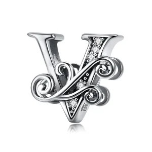 (Bild für) Funkelnder Pavé-Blumen-Charm „Buchstabe V“ im Pandora-Stil - BSC030-V