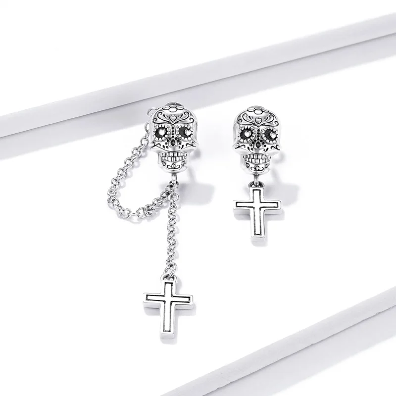 (Bild für) Silberne Totenkopf-Kreuz-Ohrhänger im Pandora-Stil - BSE419 - Ansicht 2