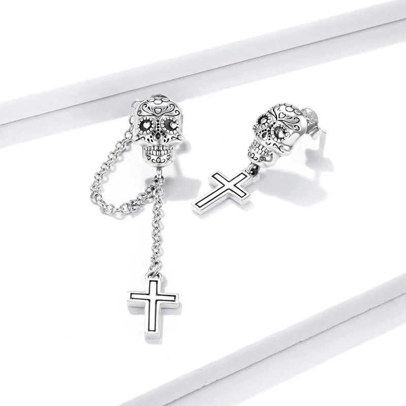 (Bild für) Silberne Totenkopf-Kreuz-Ohrhänger im Pandora-Stil - BSE419 - Ansicht 3