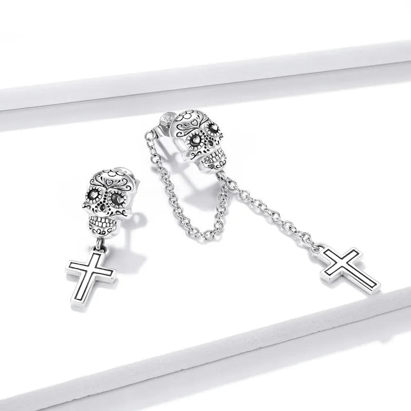 (Bild für) Silberne Totenkopf-Kreuz-Ohrhänger im Pandora-Stil - BSE419 - Ansicht 4