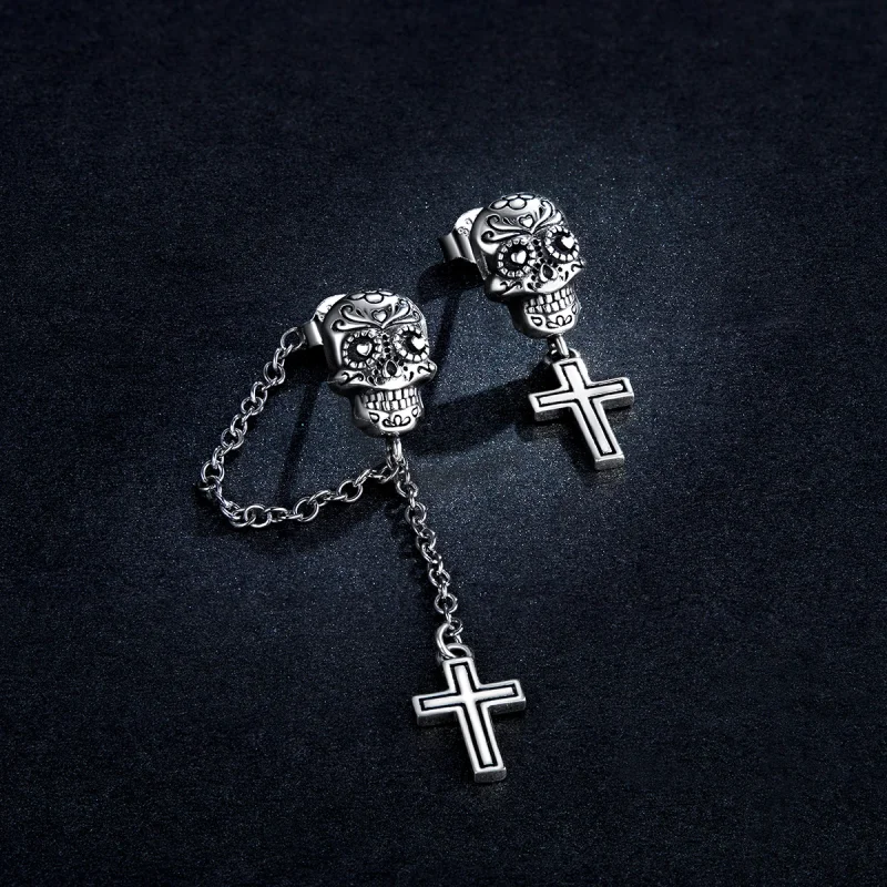 (Bild für) Silberne Totenkopf-Kreuz-Ohrhänger im Pandora-Stil - BSE419 - Ansicht 5