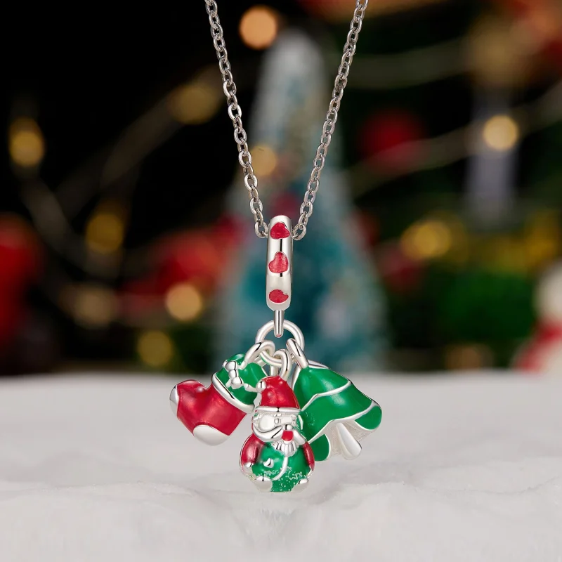 (Bild für) Pandora-Stil Leuchtender Weihnachtsbaum, Weihnachtsmann und Socken-Anhänger - SC - Ansicht 2