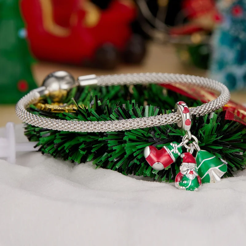 (Bild für) Pandora-Stil Leuchtender Weihnachtsbaum, Weihnachtsmann und Socken-Anhänger - SC - Ansicht 3