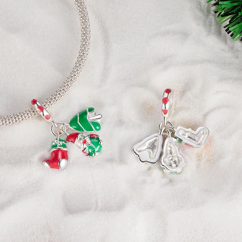 (Bild für) Pandora-Stil Leuchtender Weihnachtsbaum, Weihnachtsmann und Socken-Anhänger - SC - Ansicht 4