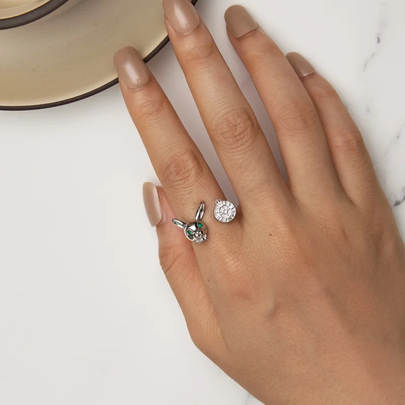 (Bild für) Pandora-Stil Weißer Kaninchen-Uhr offener Ring - SCR948-E - Ansicht 5
