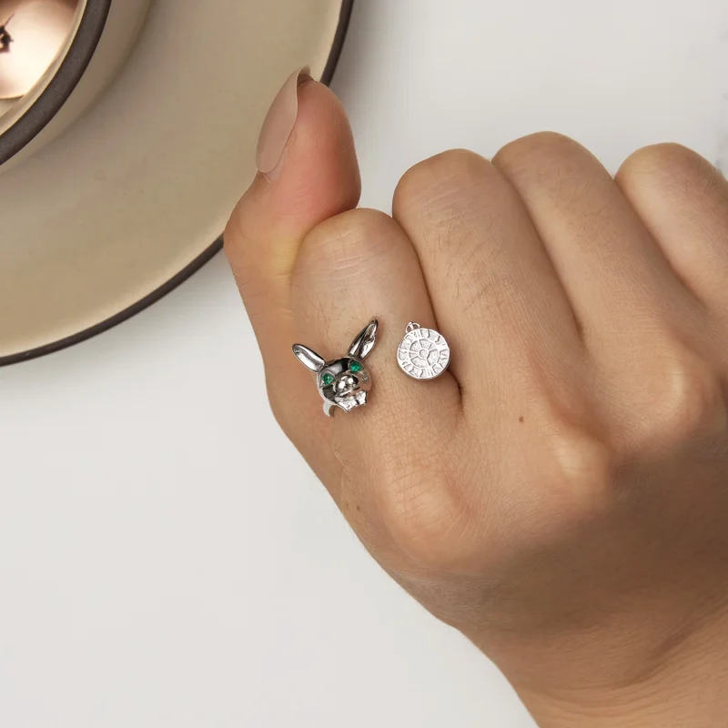(Bild für) Pandora-Stil Weißer Kaninchen-Uhr offener Ring - SCR948-E - Ansicht 6