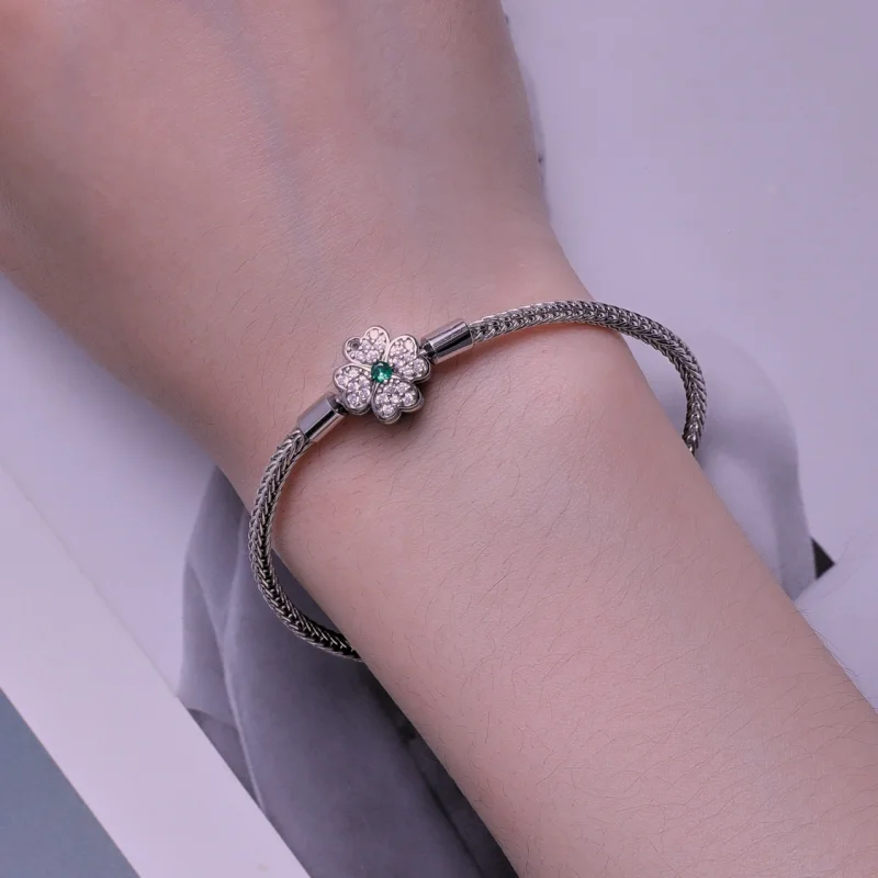 (Bild für) Pandora Style Grüner Zirkon Glücksvierblattklee Kettenarmband - BSB119 - Ansicht 5