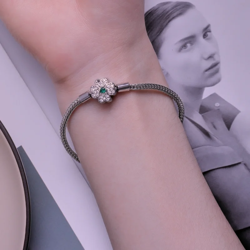 (Bild für) Pandora Style Grüner Zirkon Glücksvierblattklee Kettenarmband - BSB119 - Ansicht 6
