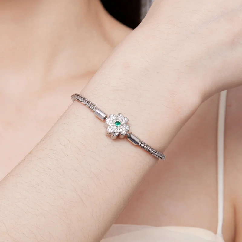 (Bild für) Pandora Style Grüner Zirkon Glücksvierblattklee Kettenarmband - BSB119 - Ansicht 7
