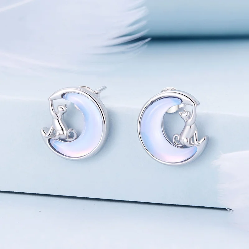 (Bild für) Pandora Style Mond-Katzen-Stecker Ohrringe - BSE913 - Ansicht 2