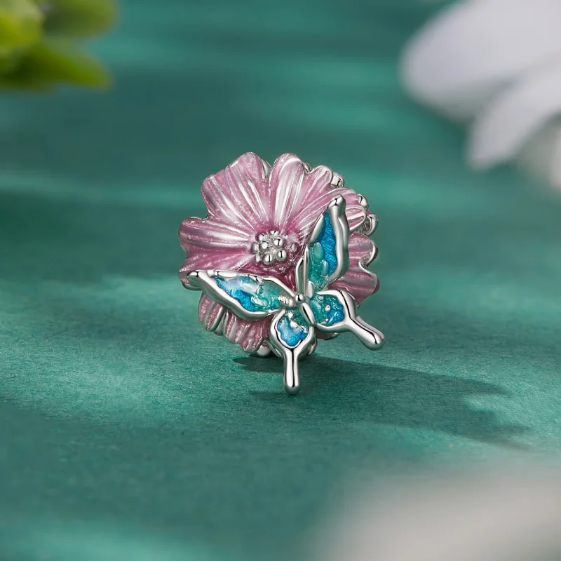 (Bild für) Pandora Style Schmetterlings-Chrysanthemen-Anhänger - BSC788 - Ansicht 2