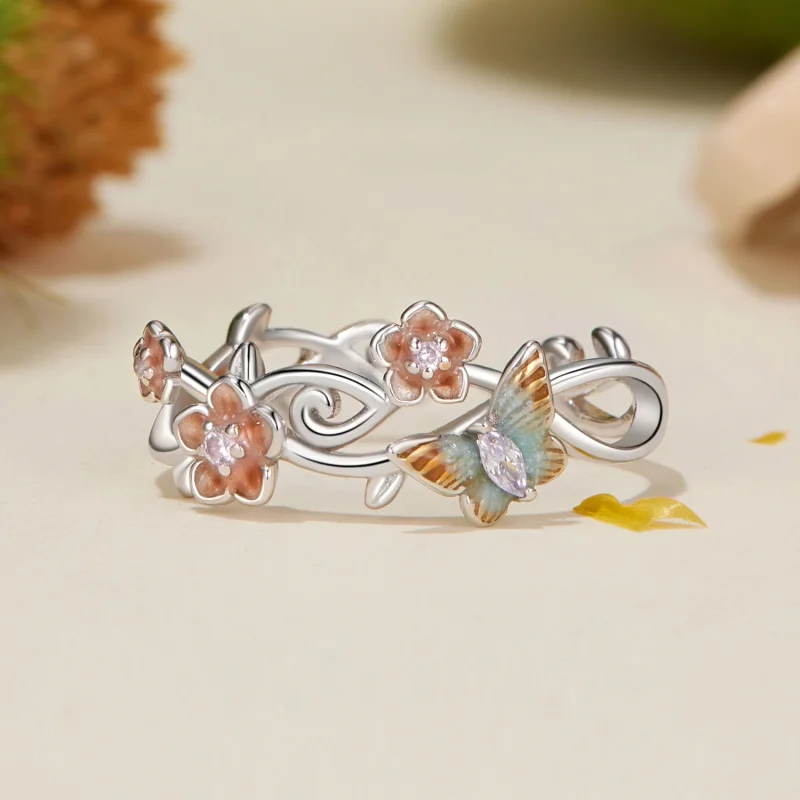 (Bild für) PANDORA Stil Romantischer Sakura-Schmetterling Offener Ring - BSR538-E - Ansicht 3