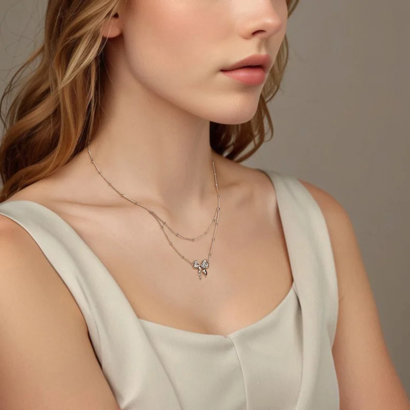 (Bild für) PANDORA Stil Glitzernde Schleifen Halskette Kette - BSN398 - Ansicht 6
