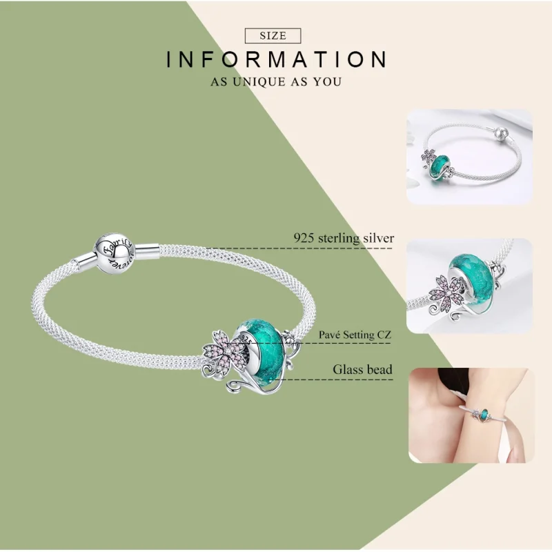 (Bild für) Armband mit silbernen grünen Glasperlen und Sakura-Mesh im Pandora-Stil - SCB822 - Ansicht 3