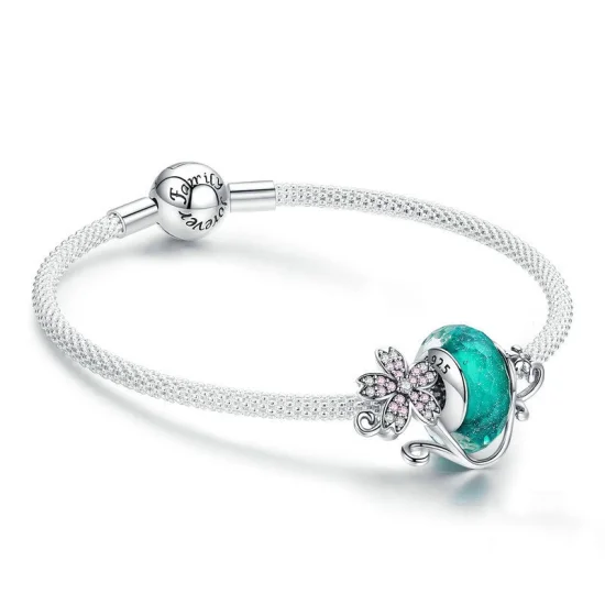 (Bild für) Armband mit silbernen grünen Glasperlen und Sakura-Mesh im Pandora-Stil - SCB822