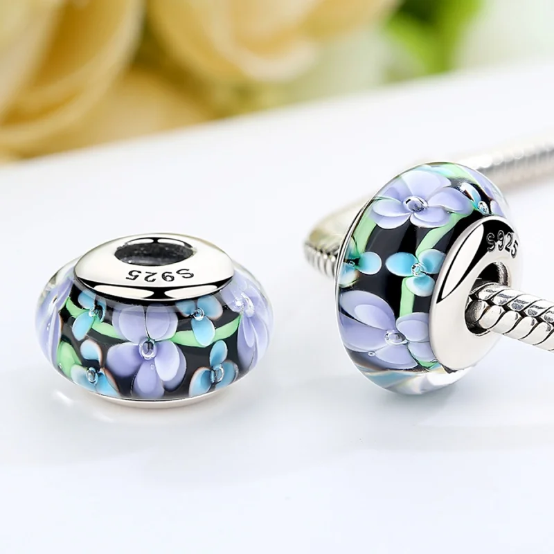 (Bild für) Charm-Anhänger aus Muranoglas im Pandora-Stil mit lila Blumen - SCZ009 - Ansicht 3