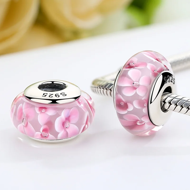 (Bild für) Charm-Anhänger aus Muranoglas mit rosa Blumen im Pandora-Stil - SCZ008 - Ansicht 3