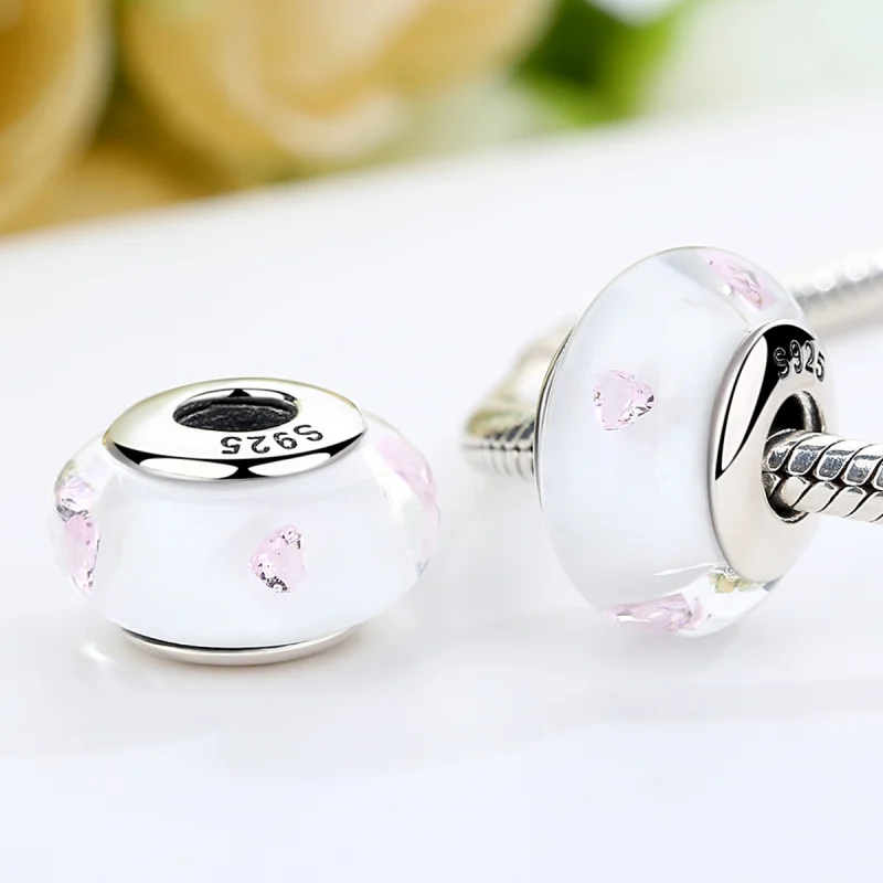 (Bild für) Charm-Anhänger im Pandora-Stil aus weißem Muranoglas und rosa Steinen - SCZ004 - Ansicht 3
