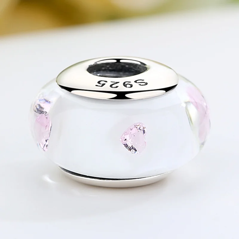 (Bild für) Charm-Anhänger im Pandora-Stil aus weißem Muranoglas und rosa Steinen - SCZ004 - Ansicht 4