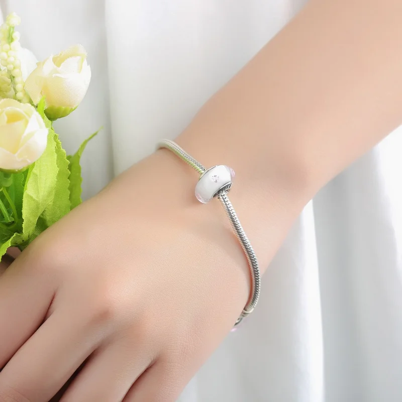 (Bild für) Charm-Anhänger im Pandora-Stil aus weißem Muranoglas und rosa Steinen - SCZ004 - Ansicht 6