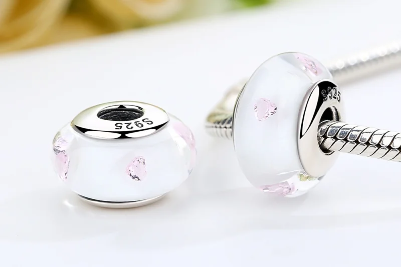 (Bild für) Charm-Anhänger im Pandora-Stil aus weißem Muranoglas und rosa Steinen - SCZ004 - Ansicht 7