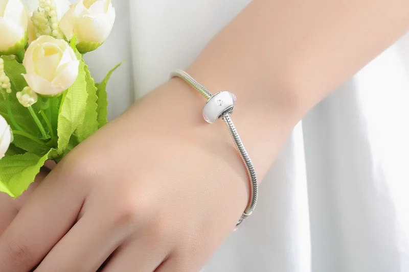 (Bild für) Charm-Anhänger im Pandora-Stil aus weißem Muranoglas und rosa Steinen - SCZ004 - Ansicht 10