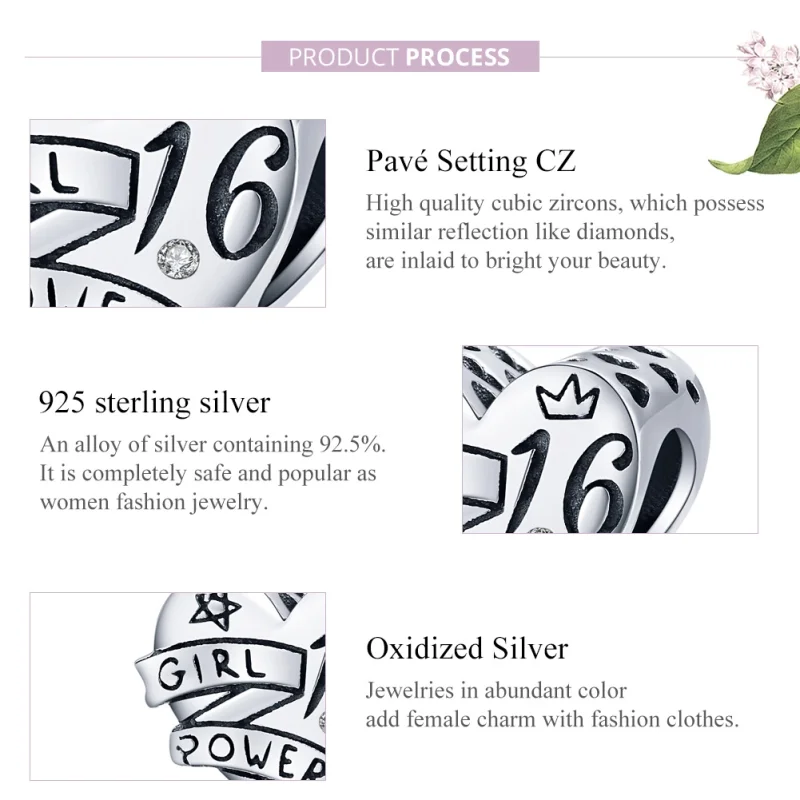 (Bild für) Charm „Girl Power Sweet 16“ im Pandora-Stil aus Silber - SCC1437 - Ansicht 8