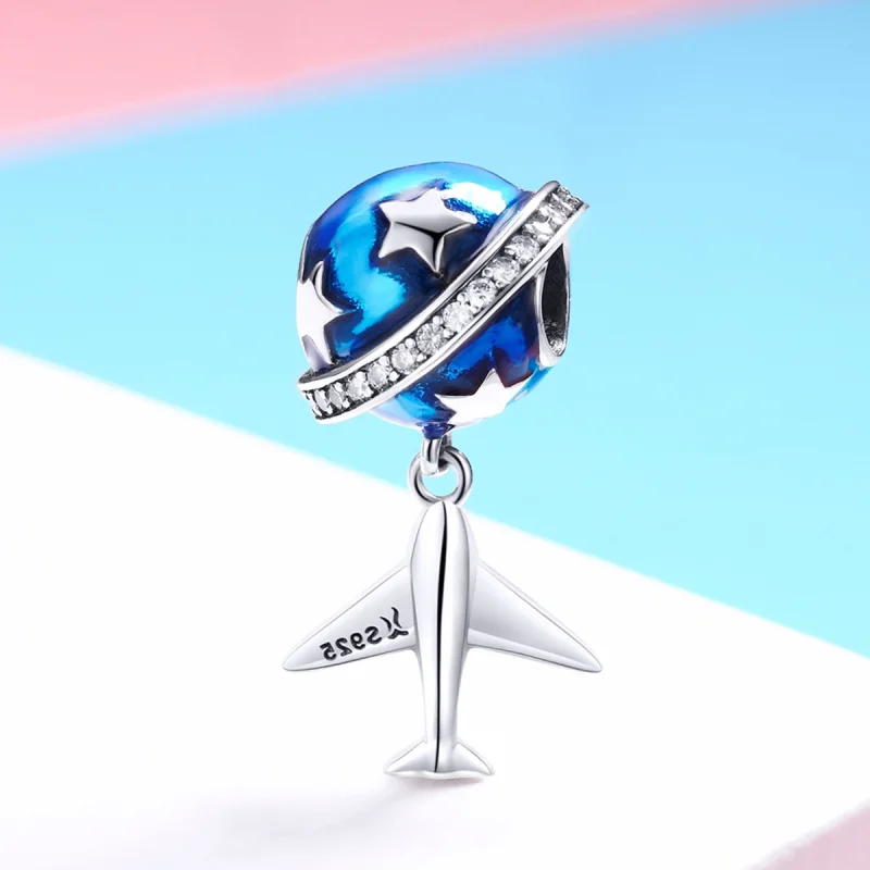 (Bild für) Charm „Traumflugzeug aus Silber im Pandora-Stil für Reisen rund um die Welt“. - - Ansicht 2