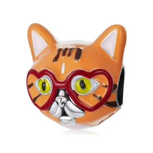 (Bild für) Herzförmiger Charm mit großer orangefarbener Katze im Pandora-Stil - SCC2092
