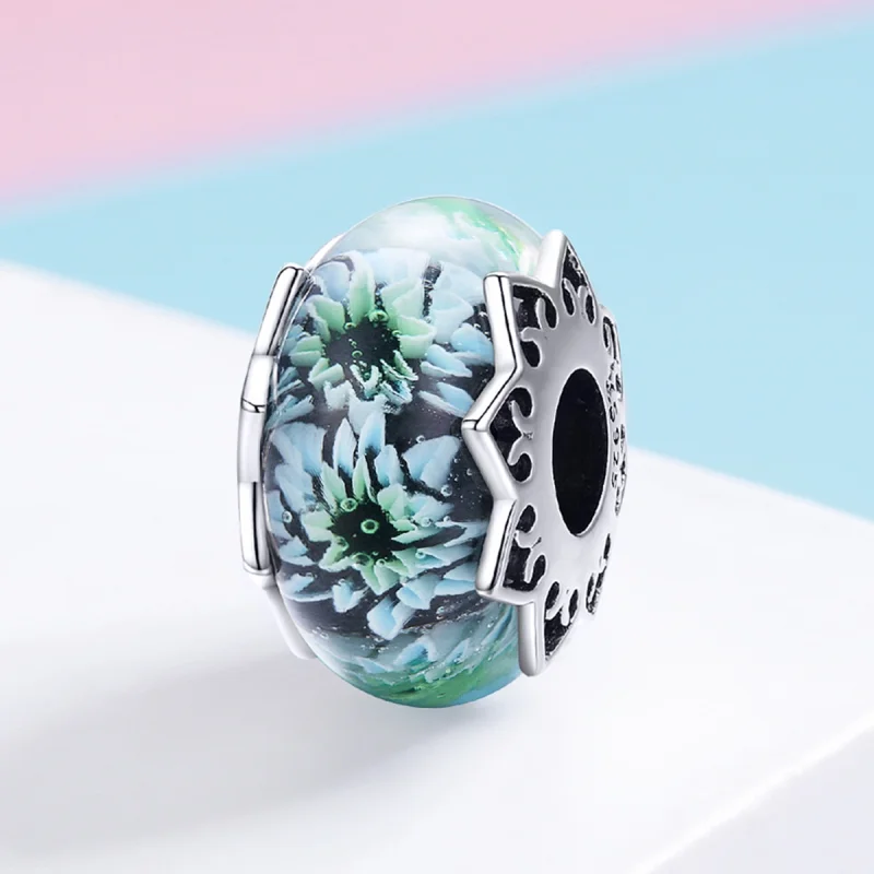 (Bild für) Murano-Charm im Pandora-Stil, Silber, Cyan-Chrysanthemen-Glas - SCC1011 - Ansicht 2