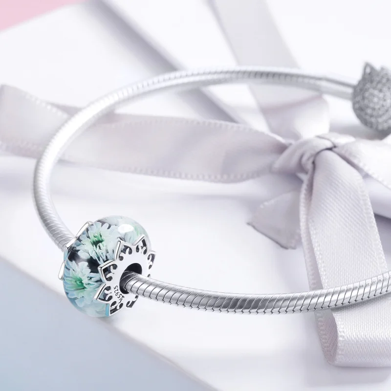 (Bild für) Murano-Charm im Pandora-Stil, Silber, Cyan-Chrysanthemen-Glas - SCC1011 - Ansicht 3