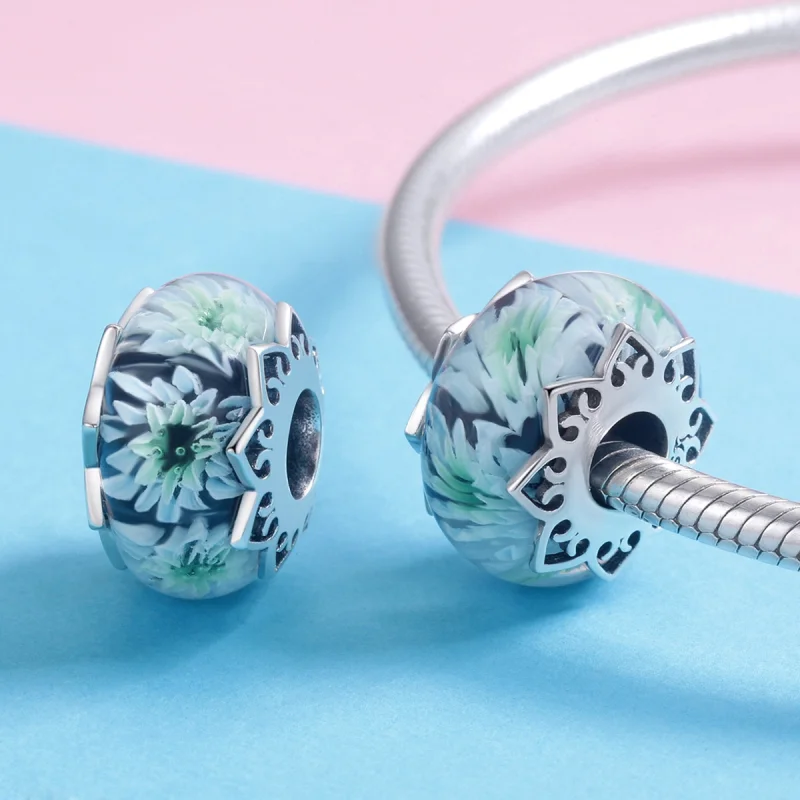 (Bild für) Murano-Charm im Pandora-Stil, Silber, Cyan-Chrysanthemen-Glas - SCC1011 - Ansicht 4