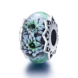 (Bild für) Murano-Charm im Pandora-Stil, Silber, Cyan-Chrysanthemen-Glas - SCC1011