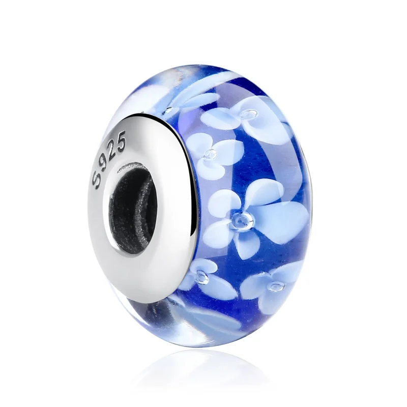 (Bild für) Pandora-Stil, blauer Murano-Glas-Charm mit weißen Blumen - SCZ006 - Ansicht 2