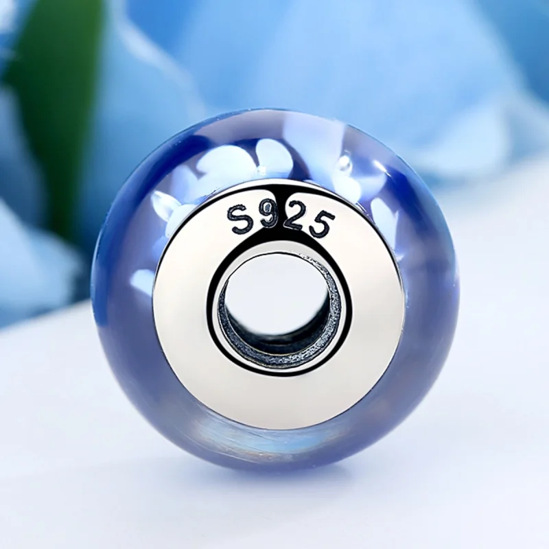 (Bild für) Pandora-Stil, blauer Murano-Glas-Charm mit weißen Blumen - SCZ006 - Ansicht 3