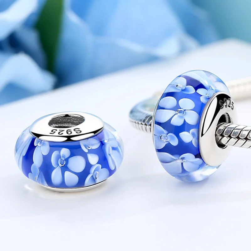 (Bild für) Pandora-Stil, blauer Murano-Glas-Charm mit weißen Blumen - SCZ006 - Ansicht 4