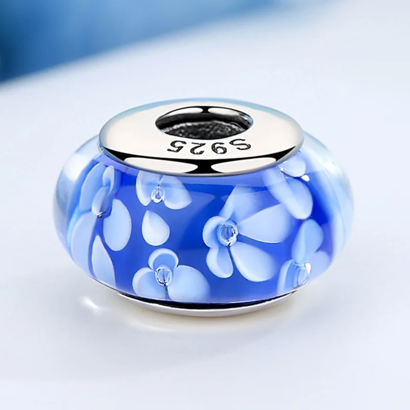 (Bild für) Pandora-Stil, blauer Murano-Glas-Charm mit weißen Blumen - SCZ006 - Ansicht 5