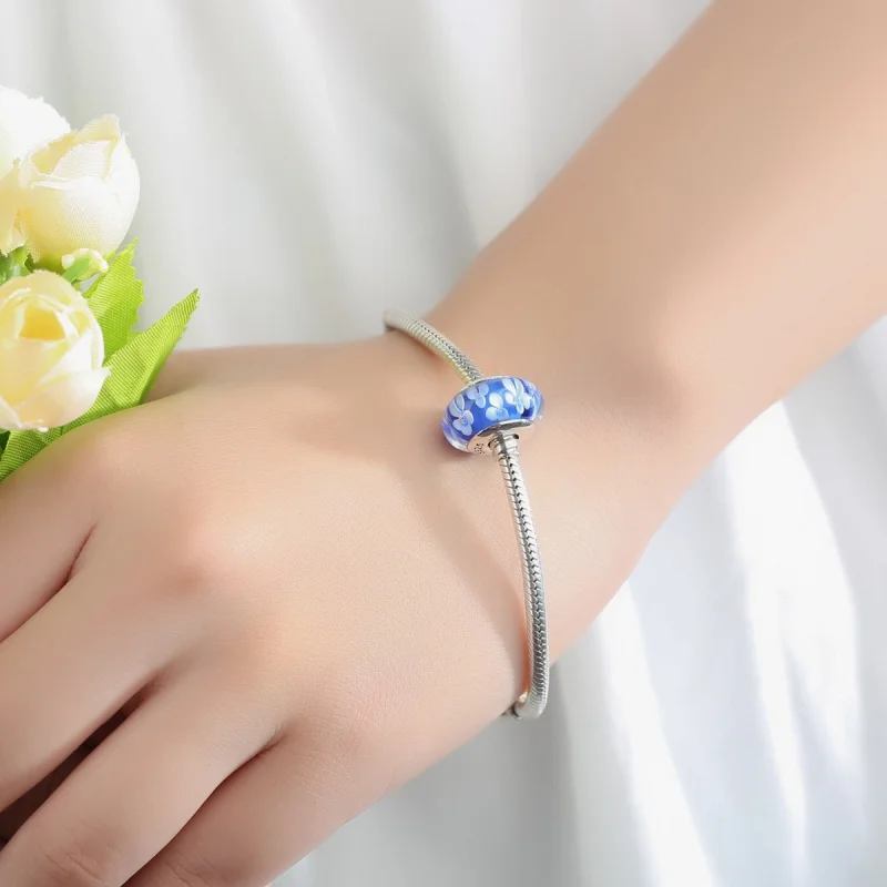 (Bild für) Pandora-Stil, blauer Murano-Glas-Charm mit weißen Blumen - SCZ006 - Ansicht 6