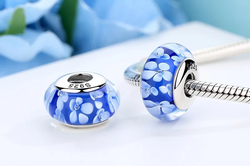 (Bild für) Pandora-Stil, blauer Murano-Glas-Charm mit weißen Blumen - SCZ006 - Ansicht 8