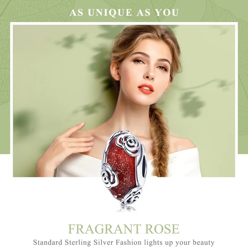 (Bild für) Pandora-Stil, silberfarbener, duftender Rosenglas-Murano-Charm - SCC1030 - Ansicht 2