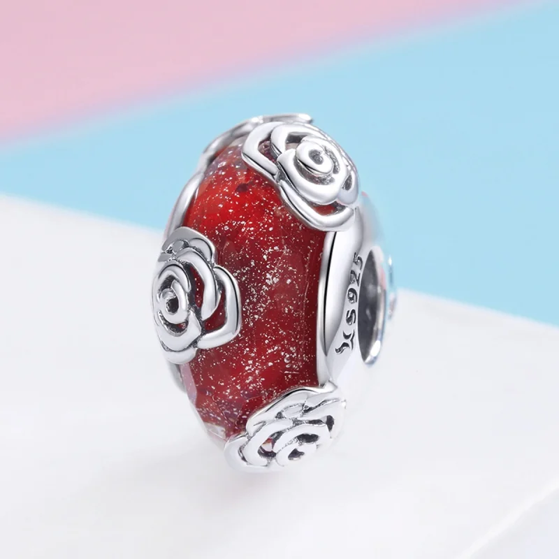 (Bild für) Pandora-Stil, silberfarbener, duftender Rosenglas-Murano-Charm - SCC1030 - Ansicht 3