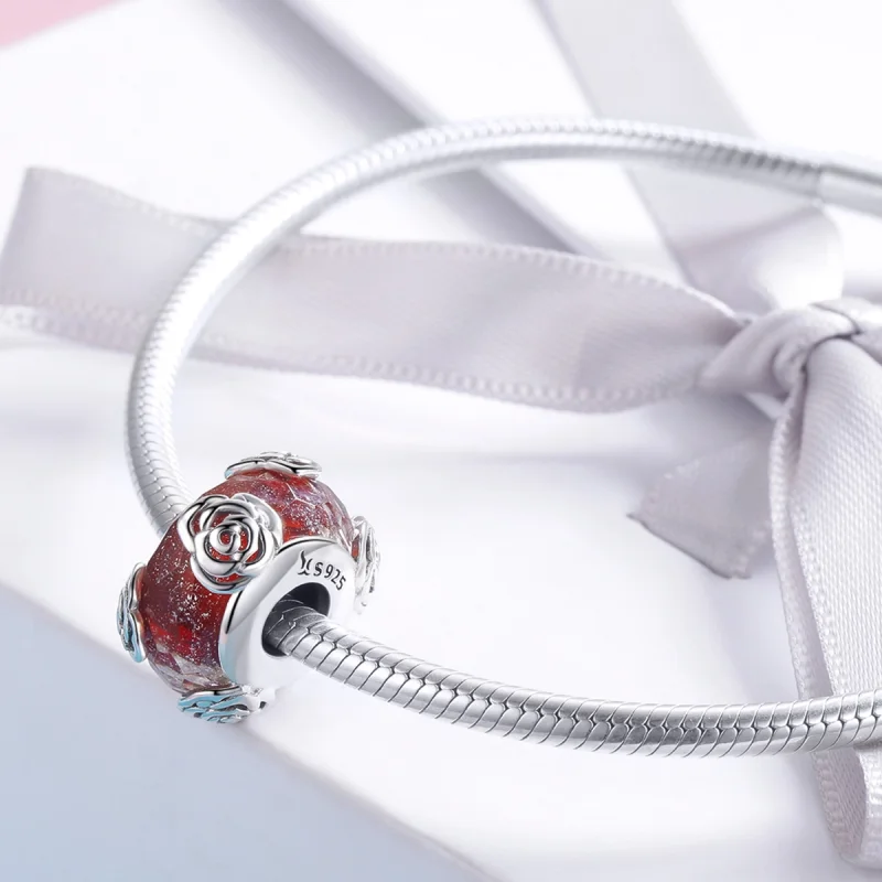 (Bild für) Pandora-Stil, silberfarbener, duftender Rosenglas-Murano-Charm - SCC1030 - Ansicht 4