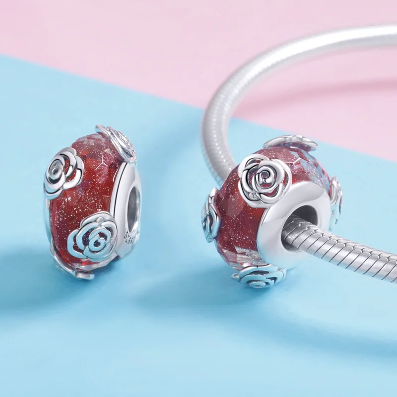 (Bild für) Pandora-Stil, silberfarbener, duftender Rosenglas-Murano-Charm - SCC1030 - Ansicht 5