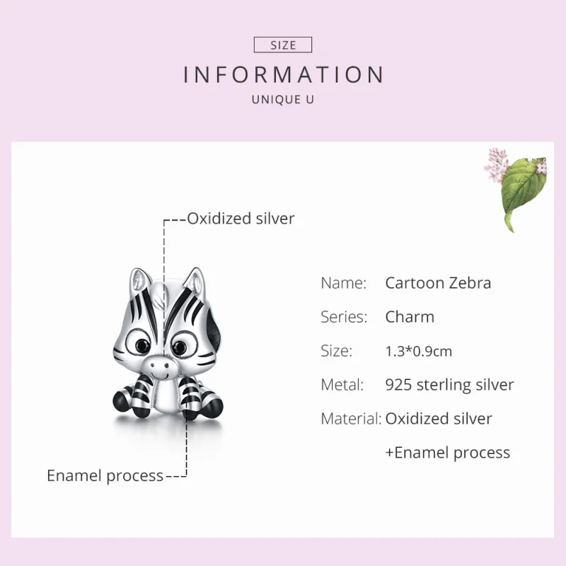 (Bild für) Silberner Cartoon-Zebra-Charm im Pandora-Stil - BSC387 - Ansicht 7