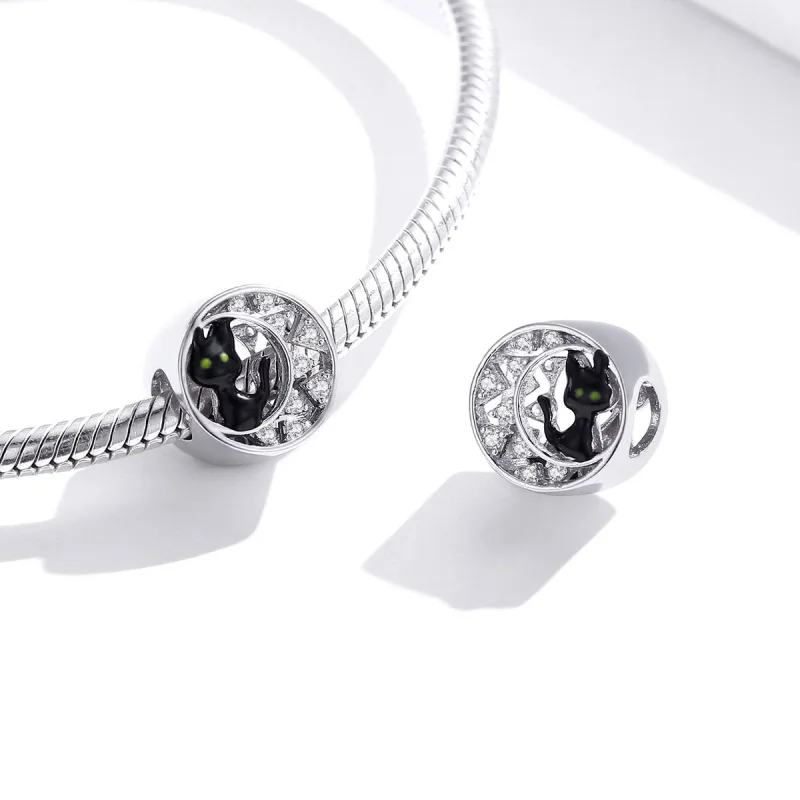 (Bild für) Silberner Halloween-Charm mit schwarzer Katze im Pandora-Stil - BSC325 - Ansicht 4