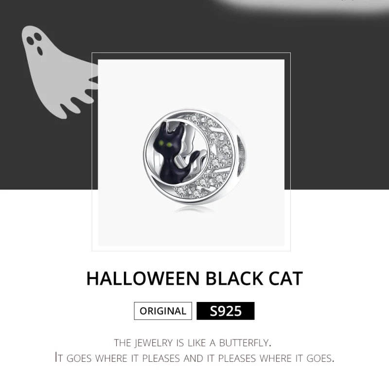 (Bild für) Silberner Halloween-Charm mit schwarzer Katze im Pandora-Stil - BSC325 - Ansicht 6