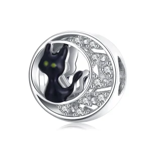 (Bild für) Silberner Halloween-Charm mit schwarzer Katze im Pandora-Stil - BSC325